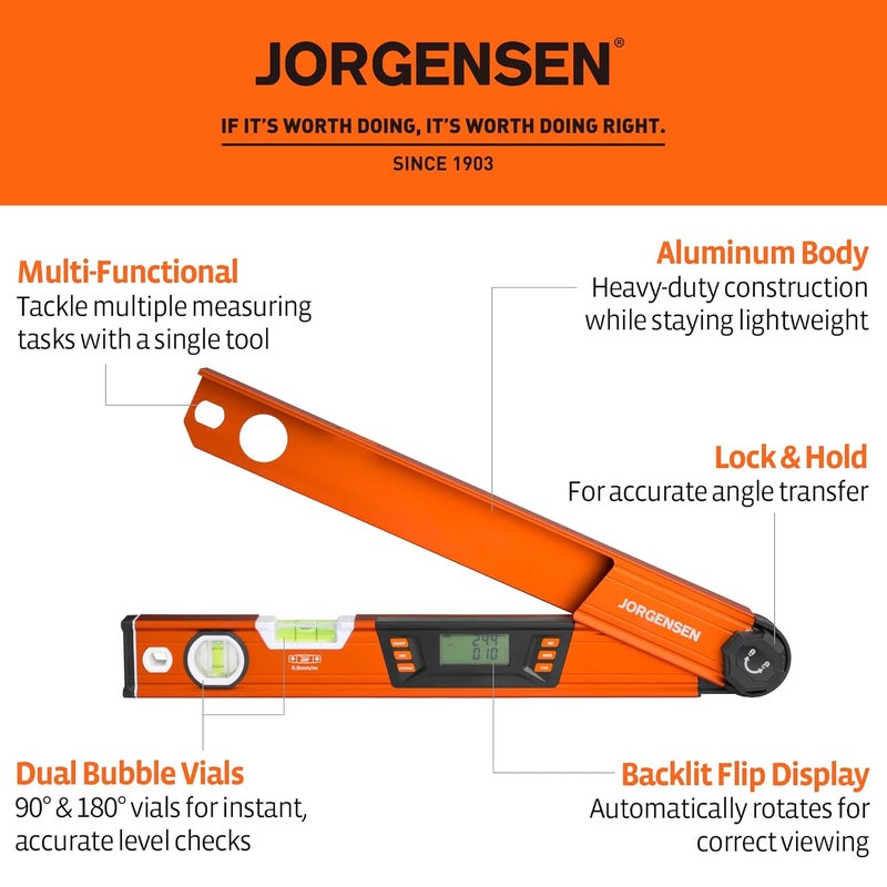 Jorgensen Digital Angle Finder, Multi Angle Finder Tool with Backlit LCD, Protractor Digital Level with Horizontal & Vertical Bubble - Image 2